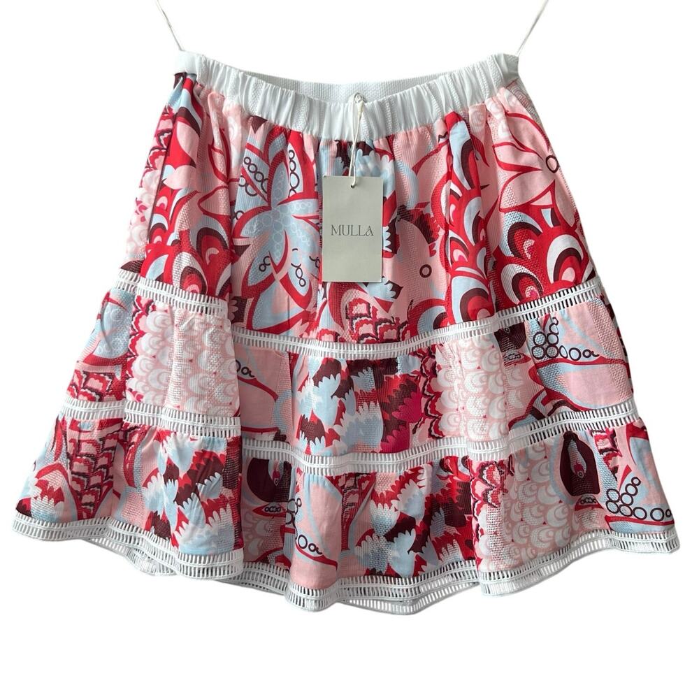 Mulla Miniskirt Women’s M Pink Blue Multicolor Abstract Floral Ladder Lace NWT - Picture 4 of 10